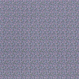 Pode incluir: Um tecido com um padrão floral denso. Pequenas flores rosa e azul claro estão espalhadas sobre um fundo azul escuro. O design é um padrão repetitivo, criando uma aparência texturizada.