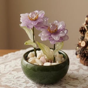 Adorno de peonía y loto de cristal hecho a mano, decoración floral para la mesa