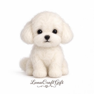May include: A needle-felted white puppy figurine with a fluffy texture, round black eyes, and a small black nose. The puppy is sitting in an upright position. Below the figurine, the text LunaCraftGift is printed in a black cursive font.