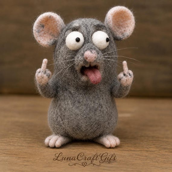 A hand-needle-felted wool rat giving the double middle finger — genuinely sculptural, rude, and delightful in a way no algorithm could mass-produce.