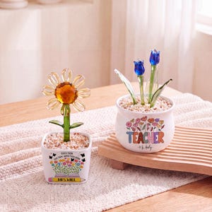 May include: Two white ceramic pots filled with small stones and glass flowers. The left pot features a yellow glass daisy and text reading "TEACH THEM LOVE THEM WATCH THEM GROW" and "MRS. WILL". The right pot has two blue glass tulips and "TEACHER" with "Mr. Andy".