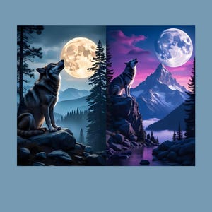Wolf Howling at Full Moon Wall Art – Set of 2 Night Landscape Prints, Mountain Forest Animal Décor, Framed Woodland Nature Poster