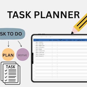 Op de afbeelding: Een digitale taakplanner met de titel "TASK PLANNER" en een potloodafbeelding. De afbeelding bevat een tablet met een takenlijst en een diagram met de woorden "TASK TO DO", "IDEA", "PLAN" en "MOTIVE".