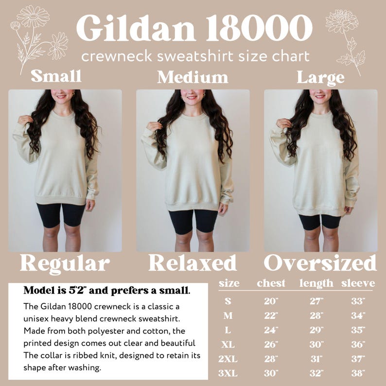May include: A size chart for Gildan 18000 crewneck sweatshirts. The chart shows three models wearing the sweatshirt in different sizes: small, medium, and large. The chart includes chest, length, and sleeve measurements in inches for sizes S to 3XL.