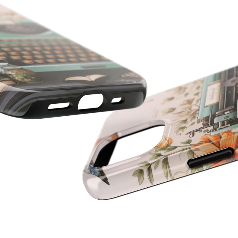 May include: A black and white phone case with a vintage typewriter and floral design. The case has a cutout for the camera lens.