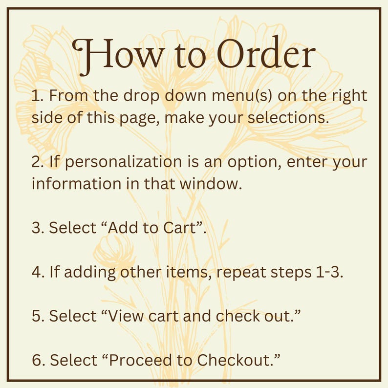 May include: A beige graphic with the text "How to Order" and numbered steps for making a purchase. The steps include selecting options, entering personalization, adding to cart, and checking out. Floral illustrations are in the background.