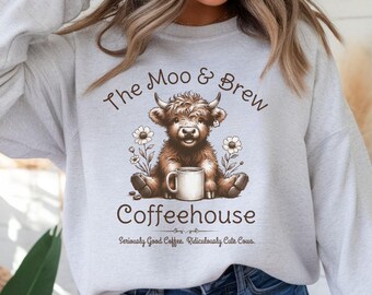 Coffee Lover Sweatshirt for Highland Cow Lover Crewneck Cute Cow Sweater for Her Scottish Highland Sweatshirt Coffee Shop Shirt Gift for Her