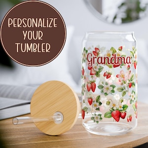 Strawberry Tumbler for Summer Strawberries Glass Can with Straw and Lid Strawberry Glass Can for Grandma Gift for Summer Glass Tumbler Gift