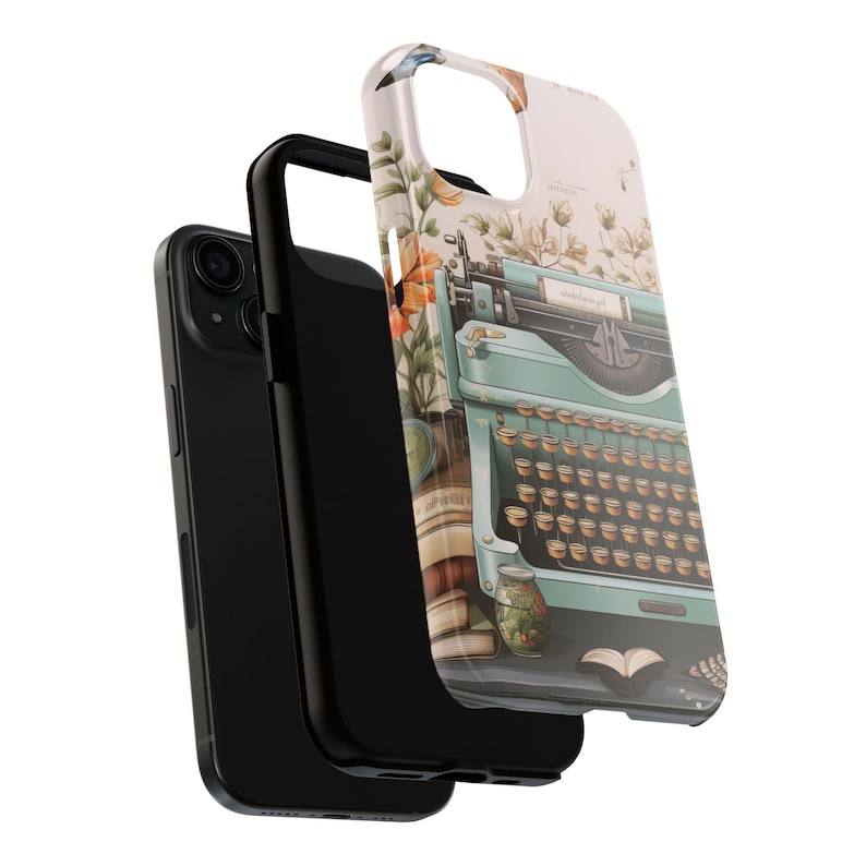 May include: A phone case with a vintage typewriter design. The typewriter is blue and green with a white background. The case is surrounded by floral designs and a book.