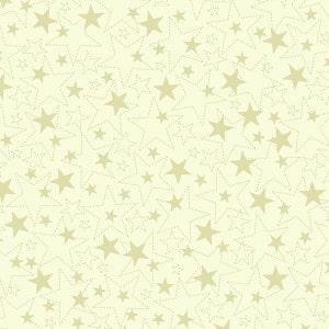 May include: A seamless pattern featuring various sizes of gold stars on a pale yellow background. Some stars are solid, while others are outlined with dotted lines, creating a whimsical, celestial design. This pattern is suitable for fabric, wallpaper, or digital art.