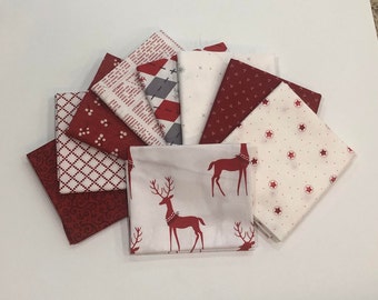 Reindeer Red and White Various Prints Fat Quarter Bundle of 9 LAST ONE