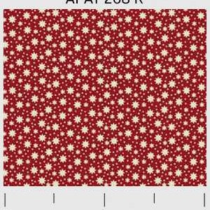 May include: Red fabric with a white star pattern. The stars are small and evenly spaced.