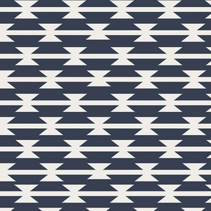 May include: A seamless pattern with a geometric design. The pattern features alternating rows of white and dark blue triangles.