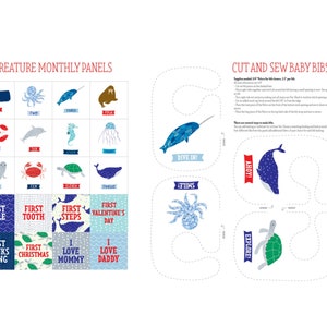 May include: A set of 12 printable monthly panels featuring sea creatures and text for each month of the year. The panels include a whale, octopus, narwhal, walrus, lobster, dolphin, seahorse, jellyfish, seal, crab, turtle, and whale. The text includes "First Smile", "First Tooth", "First Steps", "First Valentine's Day", "First Thanks Giving", "First Christmas", "I Love Mommy", and "I Love Daddy".