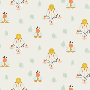 May include: A repeating pattern on a cream background featuring geometric shapes in orange, yellow, black, and light blue. The design includes stylized floral and triangular elements, with scattered green brushstroke accents.