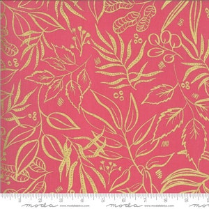 May include: A vibrant fabric featuring a repeating pattern of gold-colored botanical illustrations on a bright pink background. The design includes leaves, berries, and other plant elements, creating a lush, natural aesthetic. The fabric is suitable for various sewing and crafting projects.