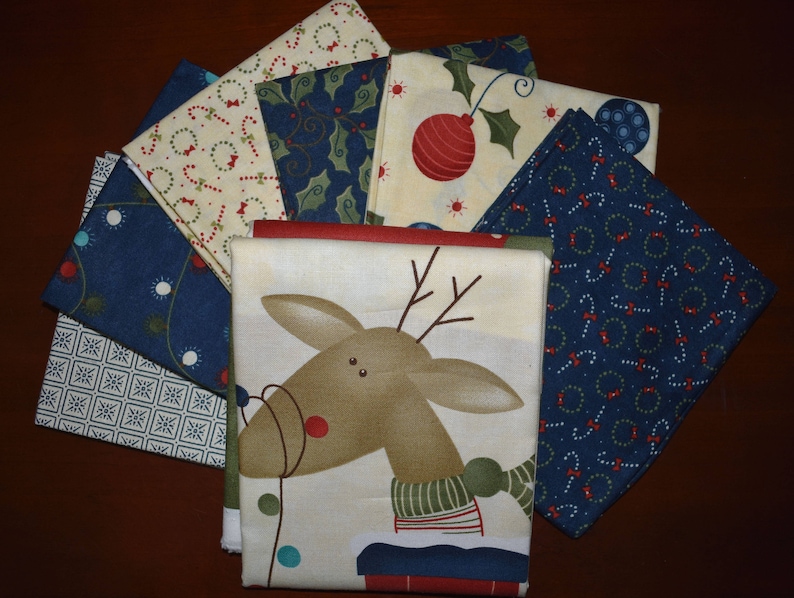 Reindeer Games Panel Plus 6 Blue and Cream Fat Quarters by Sady Gervais for Moda LAST ONE