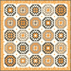 May include: A quilt pattern with a white background and a repeating pattern of orange and gray octagons with a star design. The octagons are arranged in a grid pattern.
