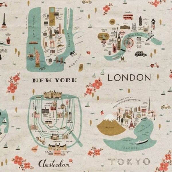 1 Panel of Les Fleurs Cotton Linen/Canvas City Maps Neutral by Ana Bond Rifle Paper for Cotton + Steel LAST ONE