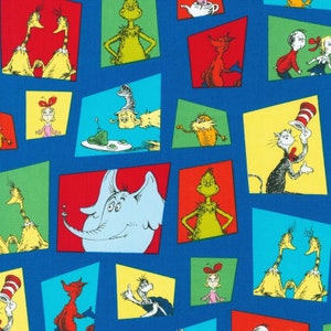 May include: A blue background with colorful squares featuring characters from Dr. Seuss books. The characters include the Grinch, Cat in the Hat, Thing 1 and Thing 2, and the Lorax.