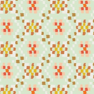 May include: A seamless pattern with a repeating geometric design. The pattern features a series of squares in shades of orange, yellow, brown, and white on a light green background.