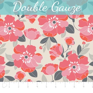 May include: A beige fabric with a repeating pattern of pink and red flowers with white centers. The fabric has a double gauze texture. The text "Double Gauze" is printed at the top of the image.