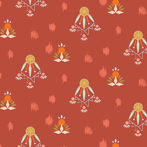 May include: A repeating pattern on a terracotta background. The design features stylized geometric shapes in white, orange, and teal. The pattern includes floral and geometric elements, with a textured, brushstroke-like effect.