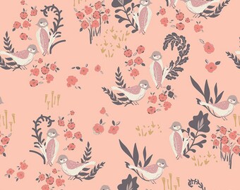 Hello, Ollie Feathered Fellow Blush with Gold Metallic by Bonnie Christine for Art Gallery Fabrics