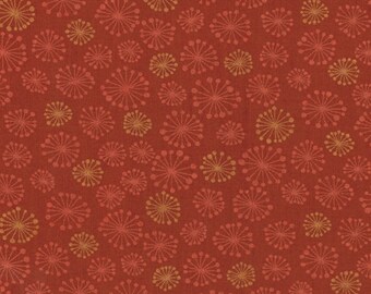 May include: A fabric featuring a deep rust-colored background with a repeating pattern of dandelion-like seed heads in shades of muted orange and light gold. The circular floral motifs are scattered across the surface in a dense, uniform arrangement.
