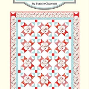 May include: A quilt pattern titled Sunday Bows by Cotton Way featuring a repeating block design with red, pink, and light blue floral fabric elements on a white background, framed by a red and white dotted border with red corner squares.