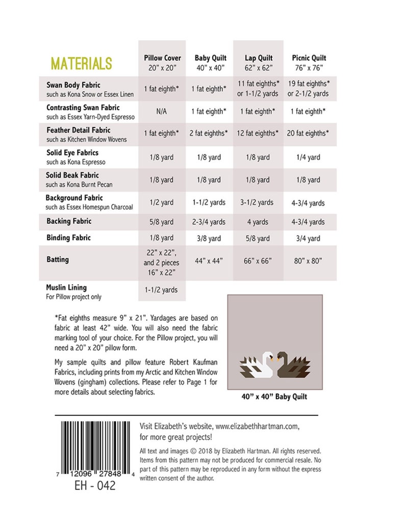 Swan Island EH 042 Quilt Pattern by Elizabeth Hartman Etsy