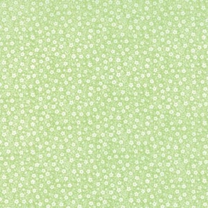 May include: A light green fabric featuring a dense, repeating pattern of tiny white five-petaled flowers connected by thin, delicate white stems and small leaves, creating a consistent and uniform floral surface design across the entire material.