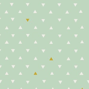 May include: A mint green background with a repeating pattern of white triangles. There are three gold triangles scattered throughout the pattern.