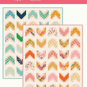 May include: A quilting pattern for a quilt with a chevron design. The pattern is called "Quilty Arrows" and is available in baby, throw, and queen sizes. The pattern is a fat quarter quilt.