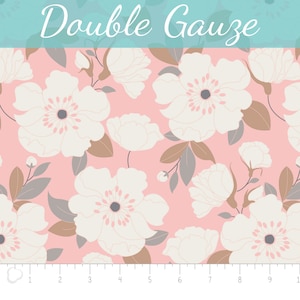 May include: A pink fabric with a white floral pattern. The fabric has a double gauze texture. The fabric is measured in inches.