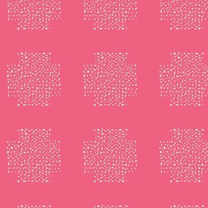 May include: A seamless pattern with a pink background and white squares filled with small white dots. The pattern is repeated throughout the image.