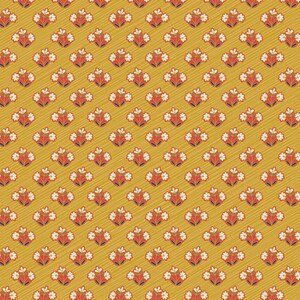May include: A mustard yellow fabric featuring a repeating pattern of small floral motifs. Each motif consists of three white flowers with green stems and leaves, set against a red base, arranged in diagonal rows across the textured surface.