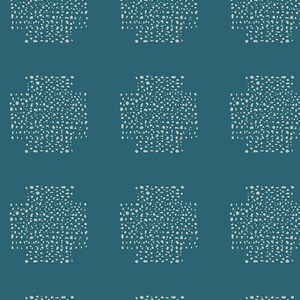 May include: A teal background with a repeating pattern of four-leaf clover shapes. Each clover is filled with small, irregular off-white dots, creating a textured appearance. The design is symmetrical and evenly spaced.