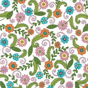 May include: A white background features a repeating floral pattern with pink, orange, and blue flowers. The flowers have yellow centres and are interspersed with green leaves and curling tendrils. The design is bright and cheerful.