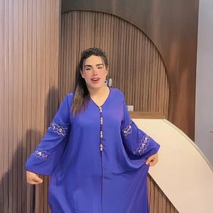 Marrakech Caftan Embroidery Blue, hand made plain tone, Moroccan dress, kaftan, high-quality Moroccan caftan, Moroccan Kaftan, Ramadan Dress