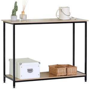 May include: A rectangular console table with a light wood top and a black metal frame. The table has a lower shelf and is decorated with a white handbag, a small cactus, and two woven baskets. The table is 122 cm long.