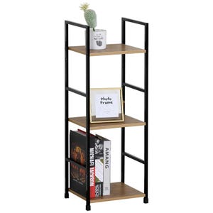 May include: A three-tiered bookshelf with a black metal frame and wooden shelves. The top shelf holds a small potted succulent. The middle shelf displays a gold-framed photo. The bottom shelf has books. The bookshelf is 122 cm tall.