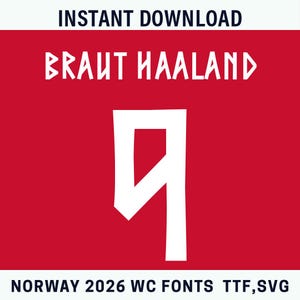 以下が含まれることがあります： 赤い背景に白い文字で上部にINSTANT DOWNLOAD、中央にBRAUT HAALAND、下部にNORWAY 2026 WC FONTS TTF, SVGと書かれたデジタルグラフィックで、中央には大きな白いスタイライズされた数字の9が配置されています。