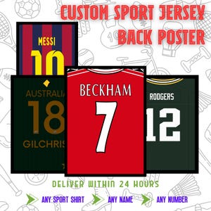 May include: A poster featuring custom sport jerseys. The jerseys include Messi's number 10, Beckham's number 7, and Rodgers' number 12. The poster also includes the text "CUSTOM SPORT JERSEY BACK POSTER."