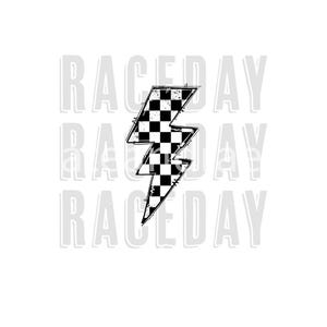 Raceday PNG Download, checkered lightning bolt, racing design, light gray lettering