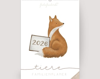 Calendário Familiar 2026 Animais – Calendário de Parede A3/A4 com 5 Colunas | Calendário Familiar Ilustrado à Mão | Presente para Família e Cozinha, Organização