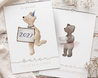 Peut inclure: Un calendrier mural avec des illustrations à l'aquarelle d'ours. La couverture montre un ours brun clair portant un chapeau de fête bleu et un nœud papillon, tenant un panneau indiquant 2027. Le texte indique fridafriederike bären posterkalender.