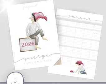 Agenda familial numérique 2026 (PDF) | Calendrier imprimable A4 et A3 | Calendrier familial illustré à la main avec motif de gnome, 5 colonnes