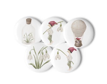 Juego de 5 botones de primavera • Pines ilustrados a mano con gnomos y flores • Juego de pines para chaqueta o mochila • Idea de regalo