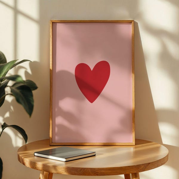 Red Heart Print: Minimalist Love Poster, Pink Background
